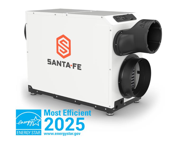 Three-quarter view of the white Santa Fe Ultra V100 ducted dehumidifier cabinet with black air collars and top controls.