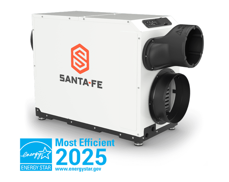 Three-quarter view of the white Santa Fe Ultra V125 ducted dehumidifier cabinet with black air collars and top controls.
