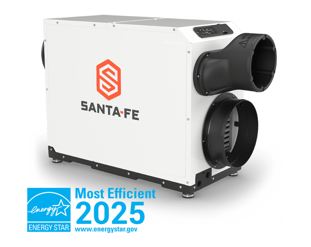 Three-quarter view of the white Santa Fe Ultra V155 ducted dehumidifier cabinet with black air collars and top controls.
