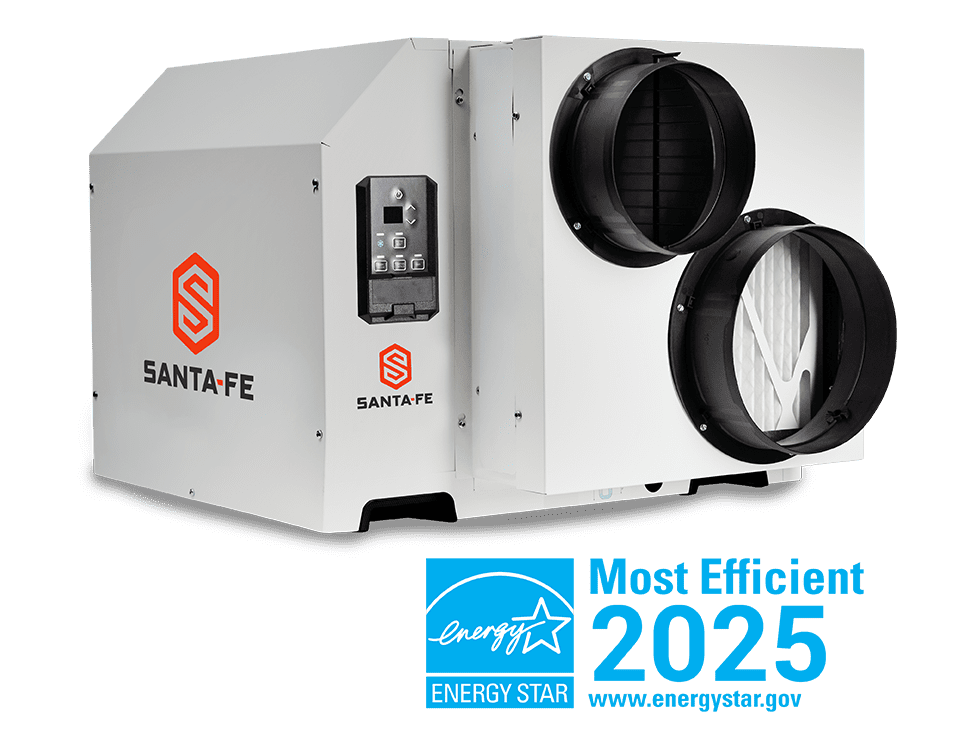 Three-quarter view of the white Santa Fe Ultra V205 part 4046180 with onboard controls and visible duct collars; the artwork includes an ENERGY STAR Most Efficient 2025 badge.
