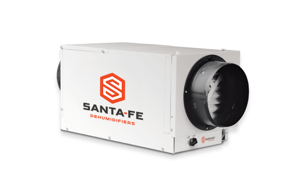 Three-quarter view of Santa Fe Ultra70 part 4044100, a white low-profile rectangular dehumidifier with an attached round duct collar.