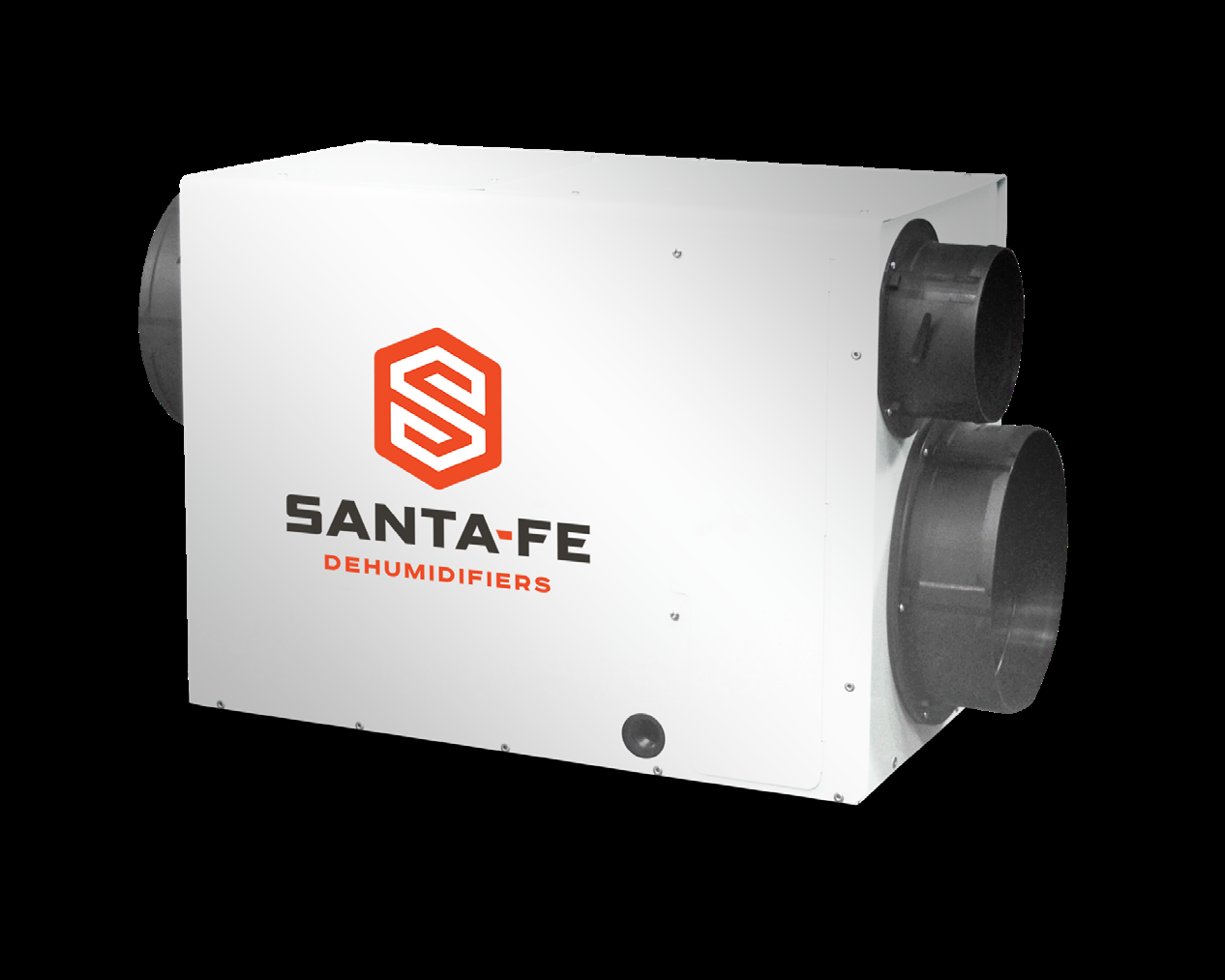 Three-quarter view of the white Santa Fe Ultra98 ducted dehumidifier cabinet with Santa Fe logo and dark round duct collars.