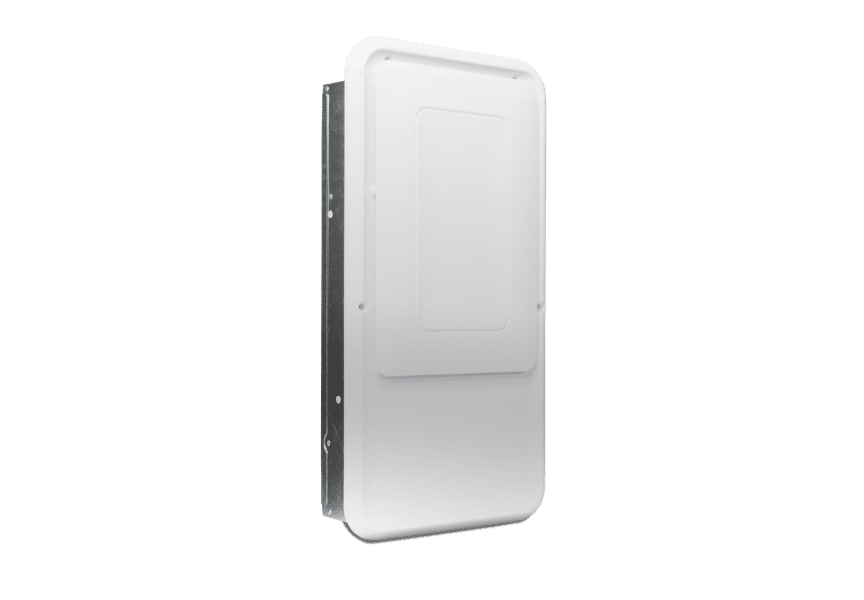 Santa Fe UltraMD33 in-wall dehumidifier with a white vertical diffuser face and narrow wall cabinet visible at its edge.
