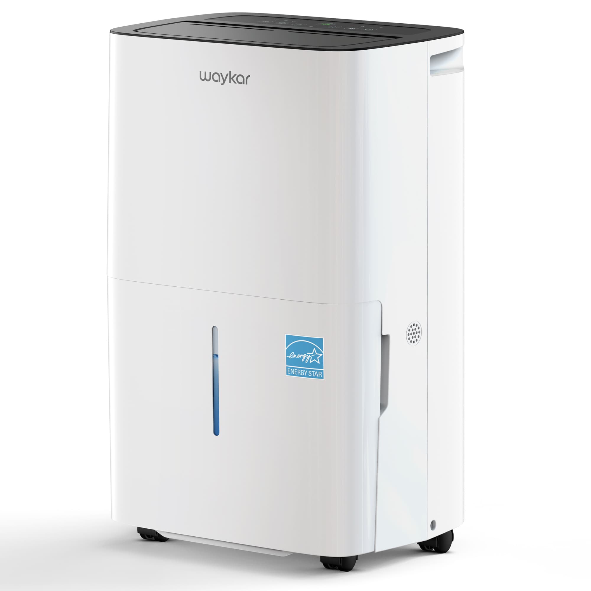 White Waykar CHWA-B dehumidifier shown from the front three-quarter angle, with top controls, water-level window and caster wheels; the shared view does not identify capacity or pump configuration.