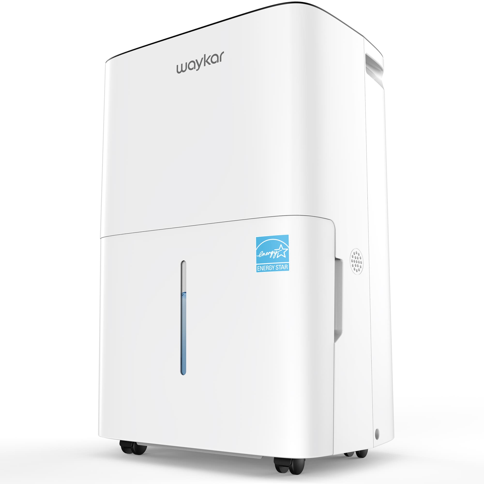 White Waykar CHWA150A dehumidifier with top controls, water-level window and caster wheels.
