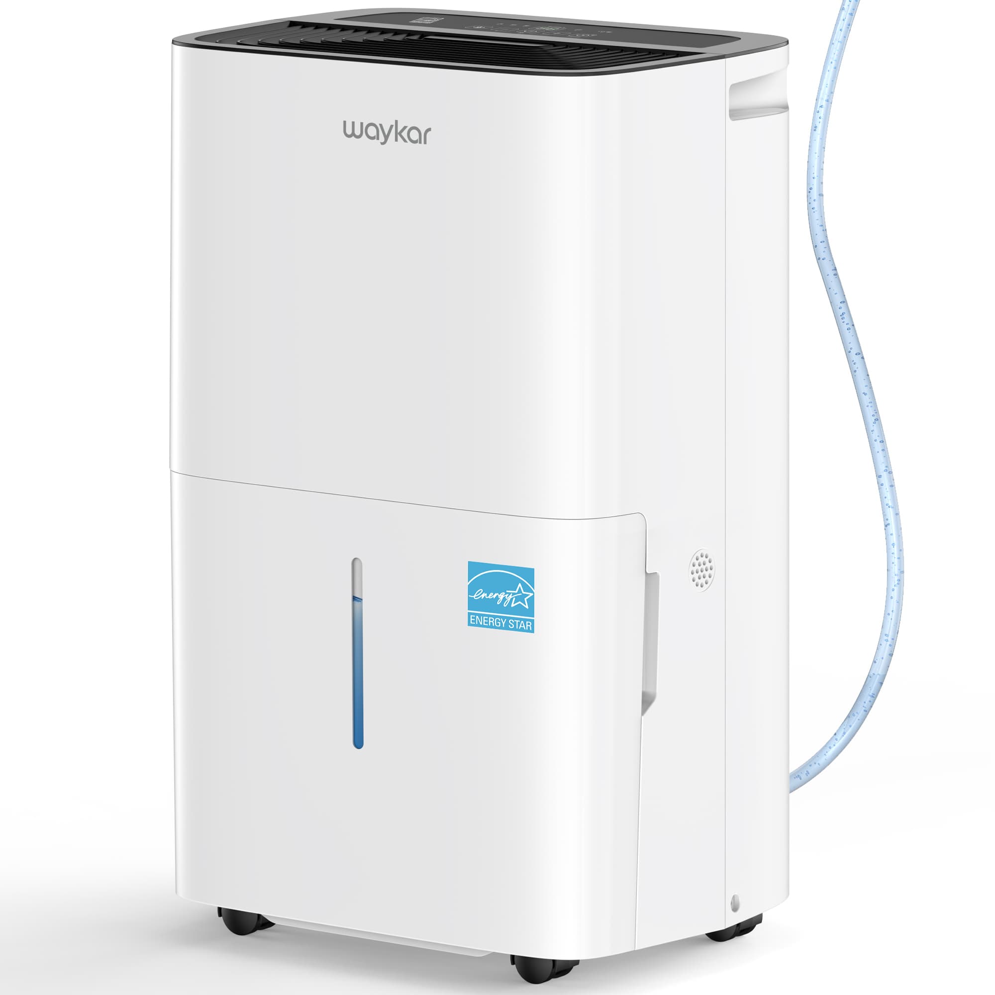White Waykar CHWA150PA dehumidifier with top controls, tank window, casters and a visible drain hose.