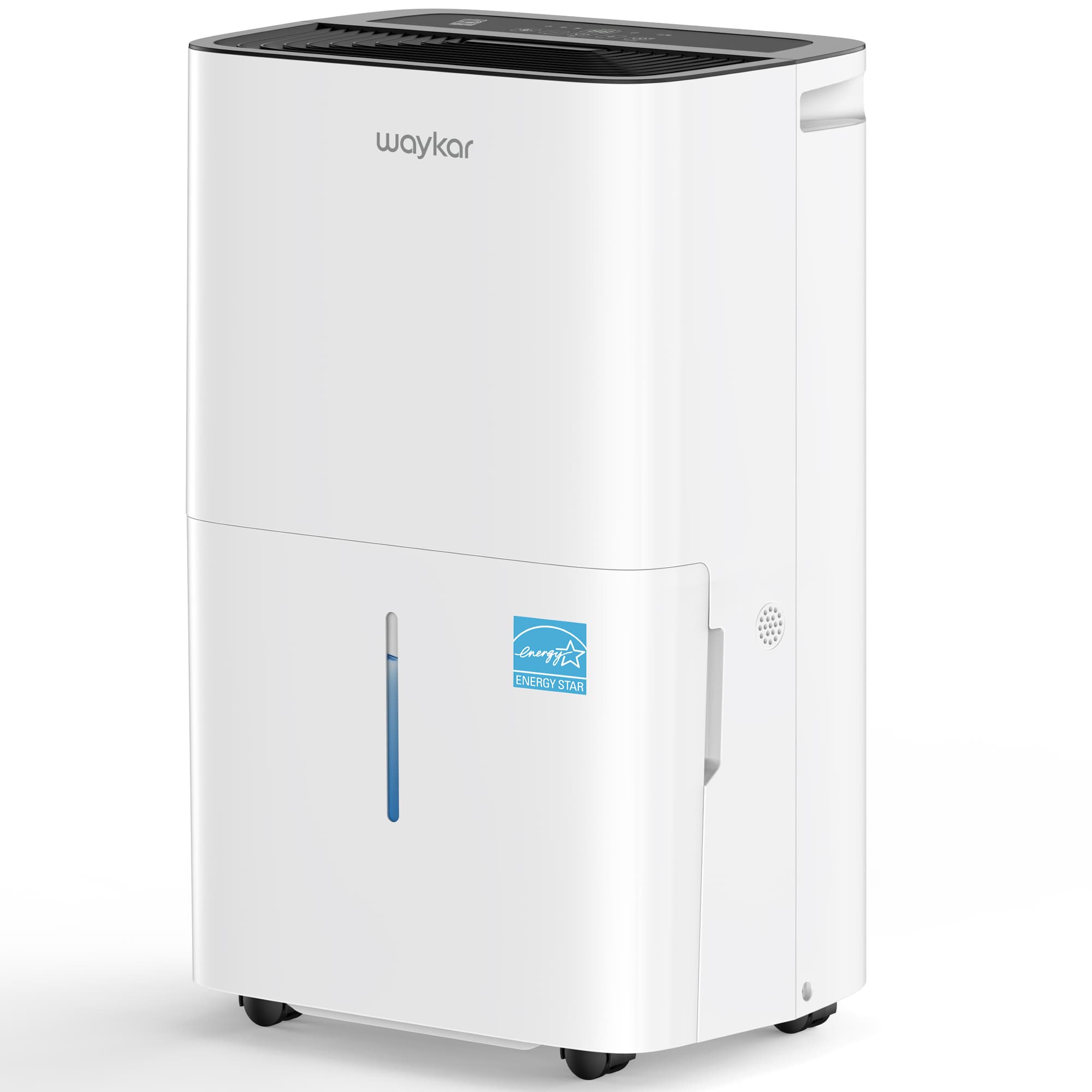 White Waykar CHWA80A dehumidifier with top controls, water-level window and caster wheels.