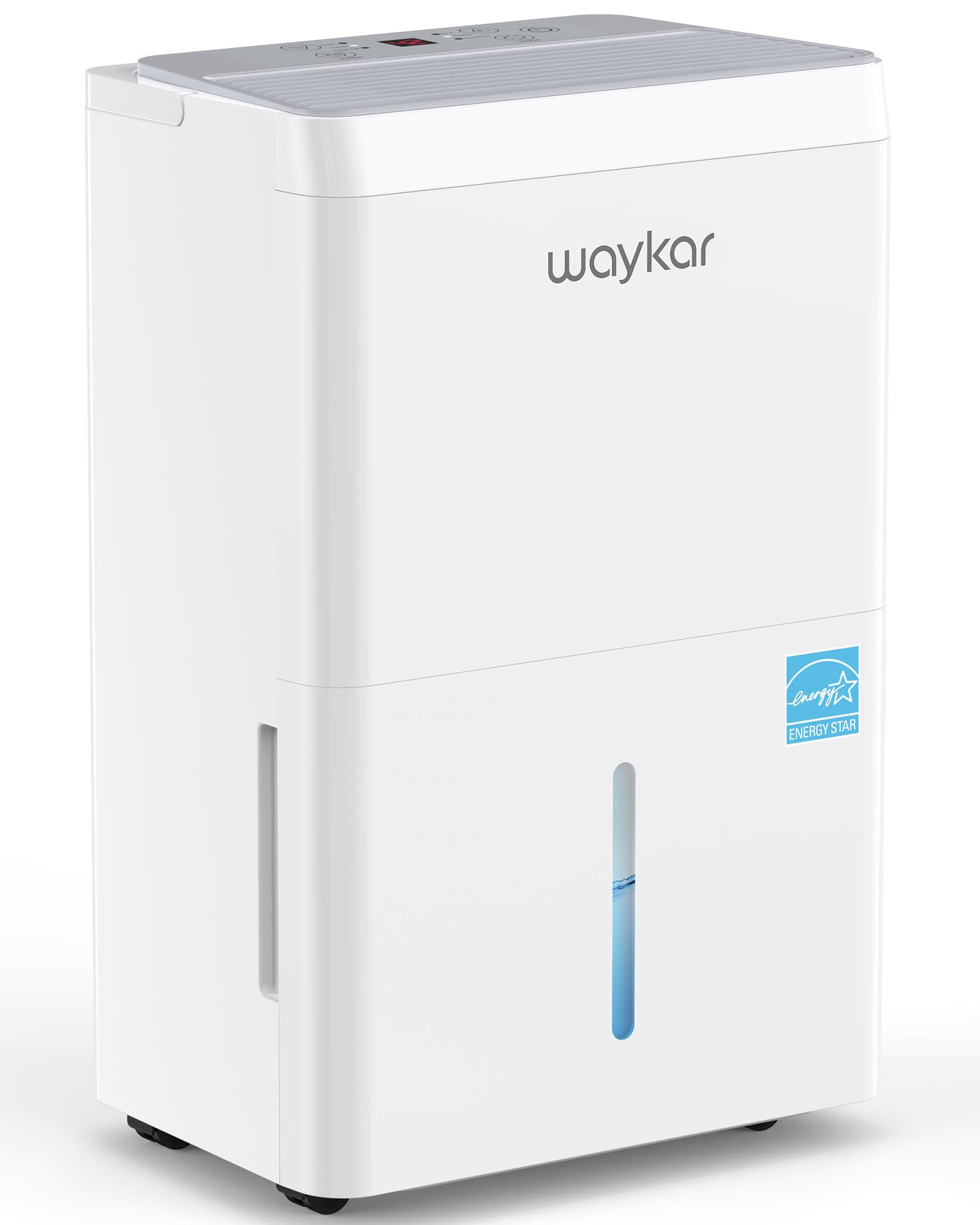 White Waykar CTH-A family portable dehumidifier exterior with top control panel, front water-level window and ENERGY STAR badge; the page-linked image uses CTH80A asset naming and is not capacity proof.