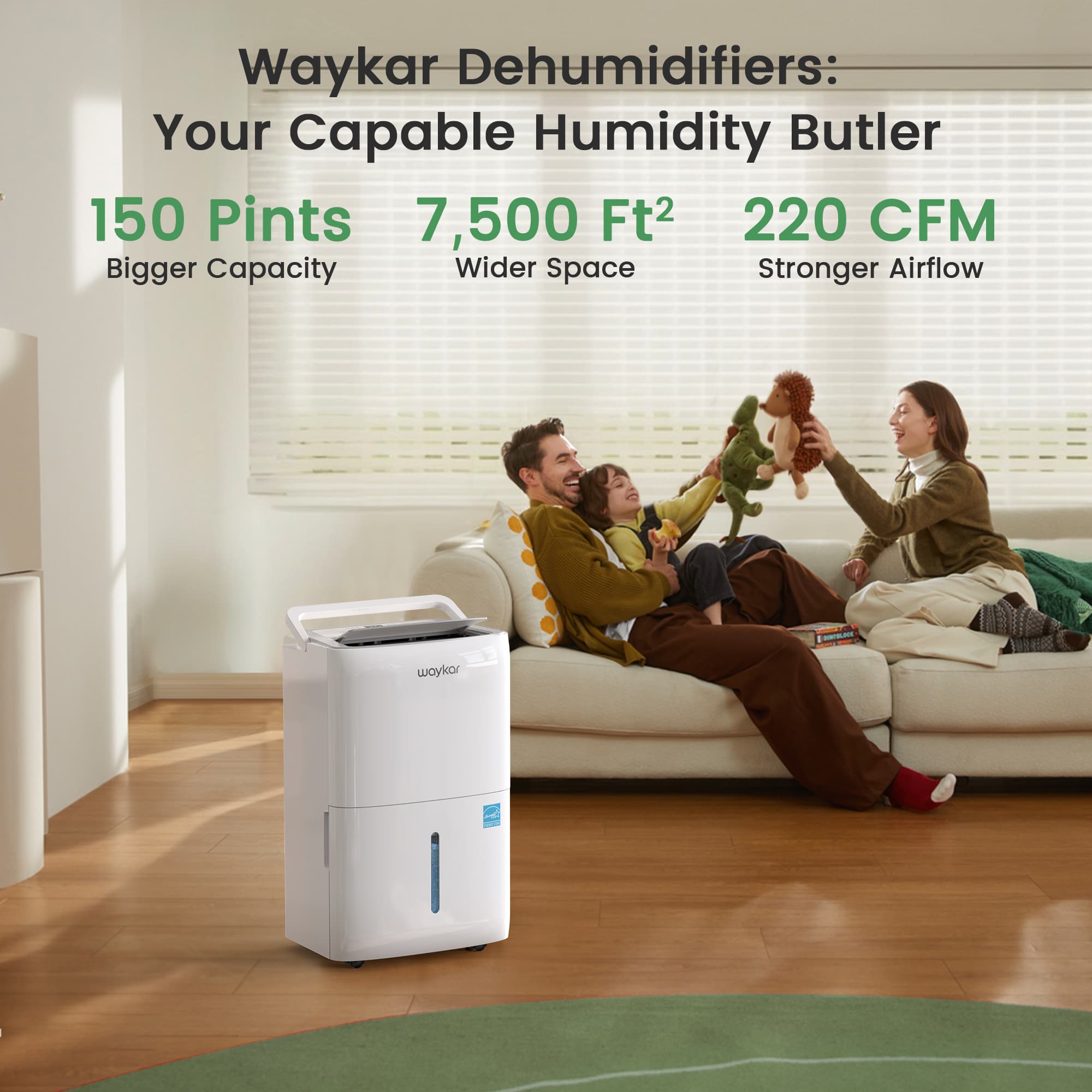 Waykar dehumidifier shown in a living-room scene; the image carries 150-pint, 7,500-square-foot and 220-CFM promotional labels.