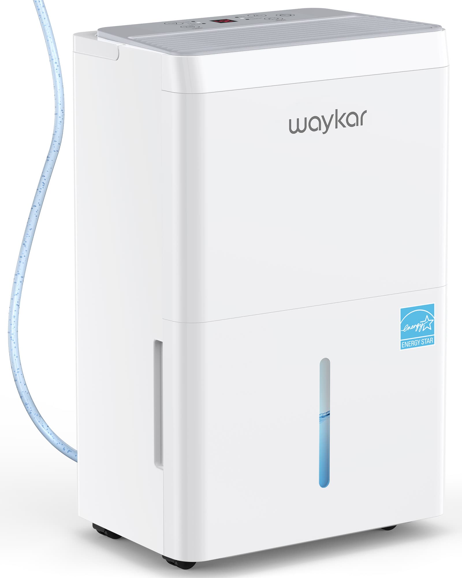 White Waykar CTH-A family dehumidifier exterior with a hose visible at the left edge; the page-linked view does not reveal its internal pump.