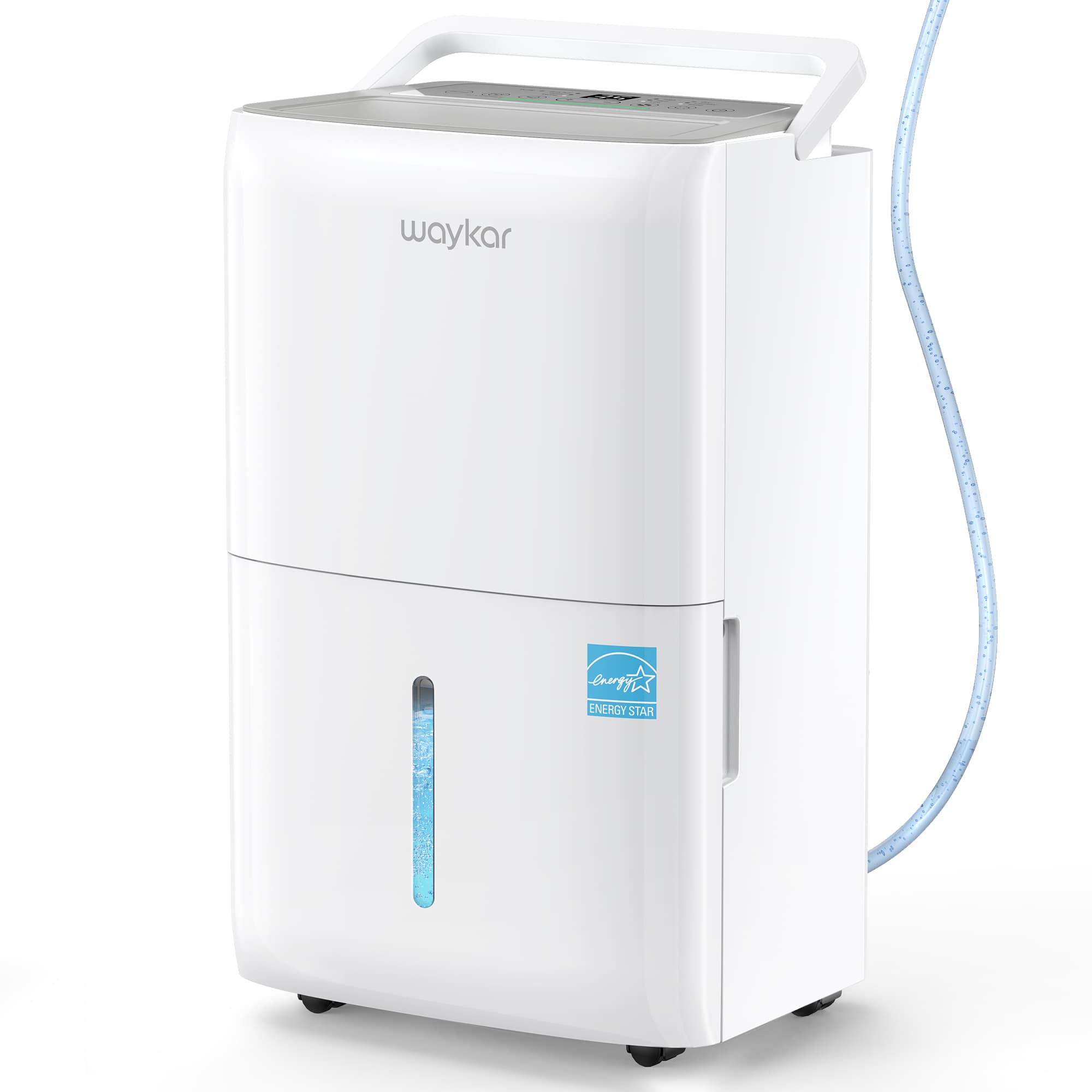 White Waykar dehumidifier with a blue pump-drain hose visible alongside the cabinet.