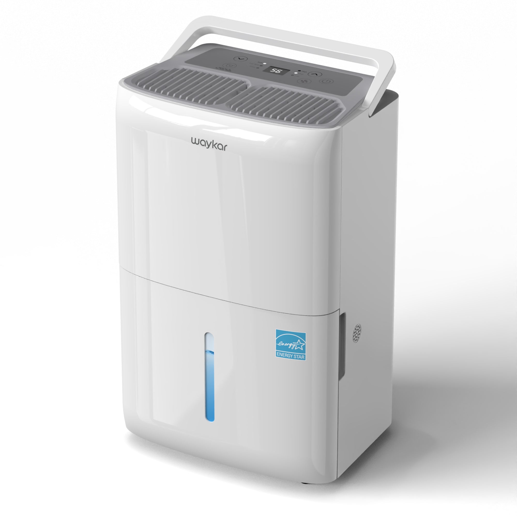 White Waykar CTH-D fixed-vent dehumidifier, shown from the front three-quarter angle with top controls and water-level window.