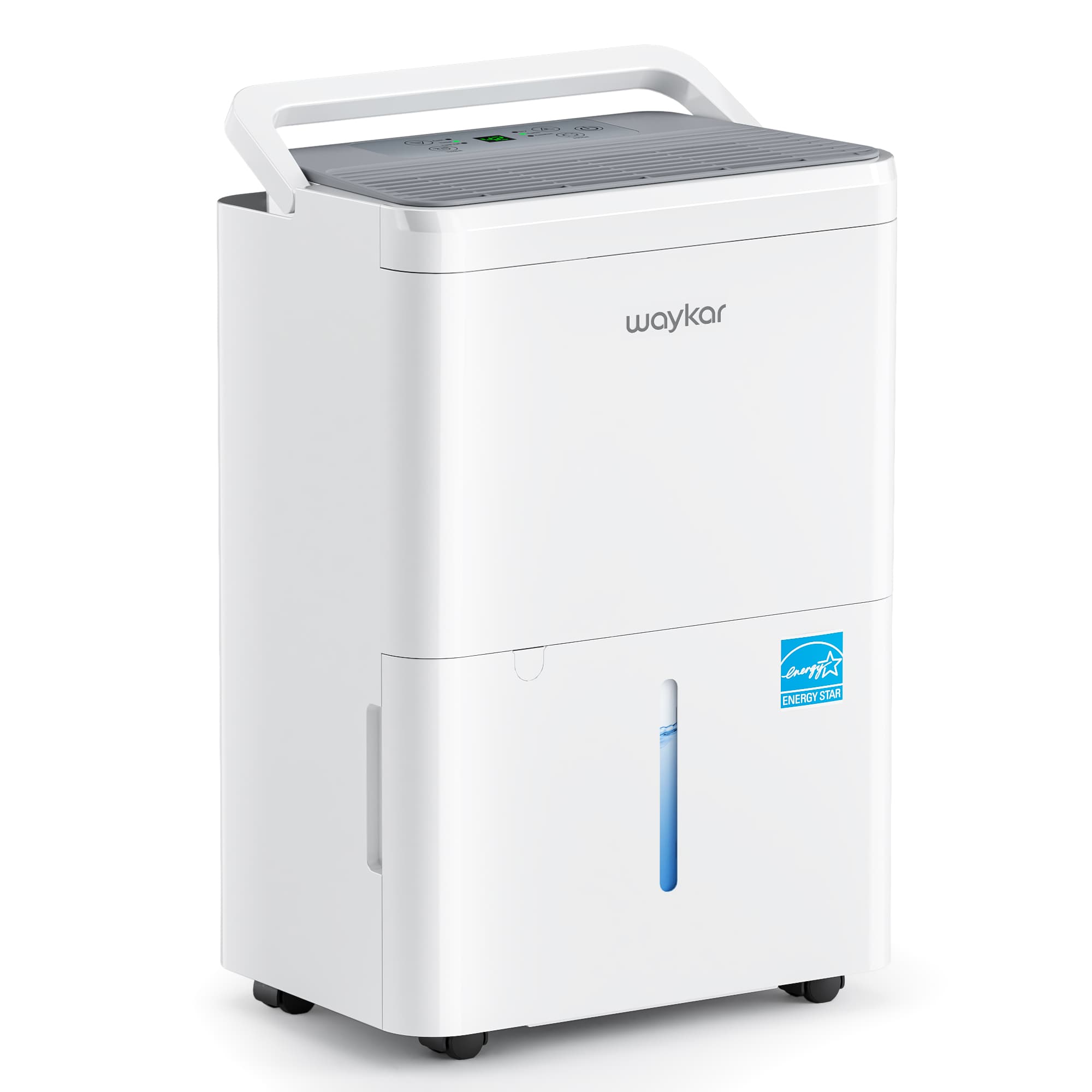 White Waykar CTH30A portable dehumidifier showing its top controls, tank-level window, caster wheels and ENERGY STAR mark.