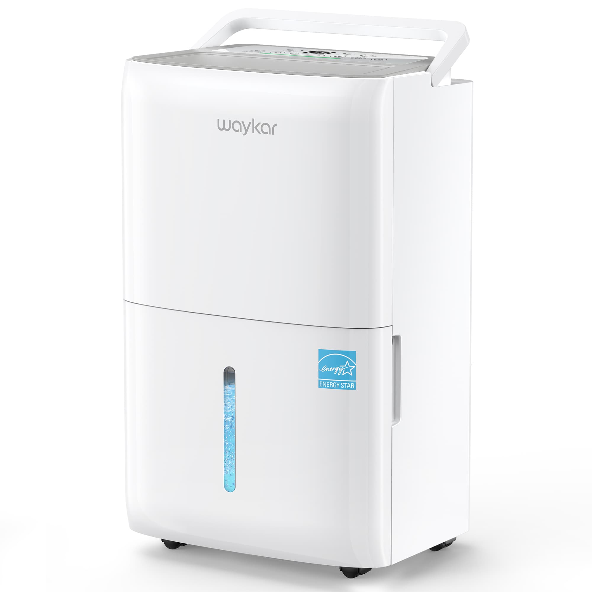 White Waykar dehumidifier viewed from the front three-quarter angle, with top controls, water-level window and wheels.