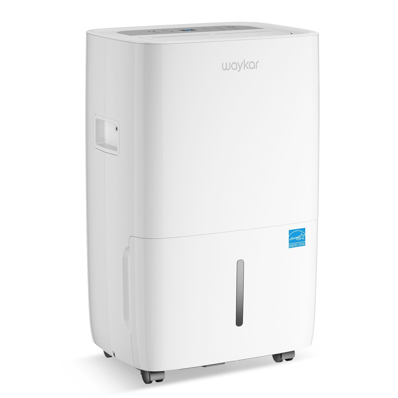 White Waykar JD025CE-80 portable dehumidifier with top control panel, front water-level window and caster wheels.