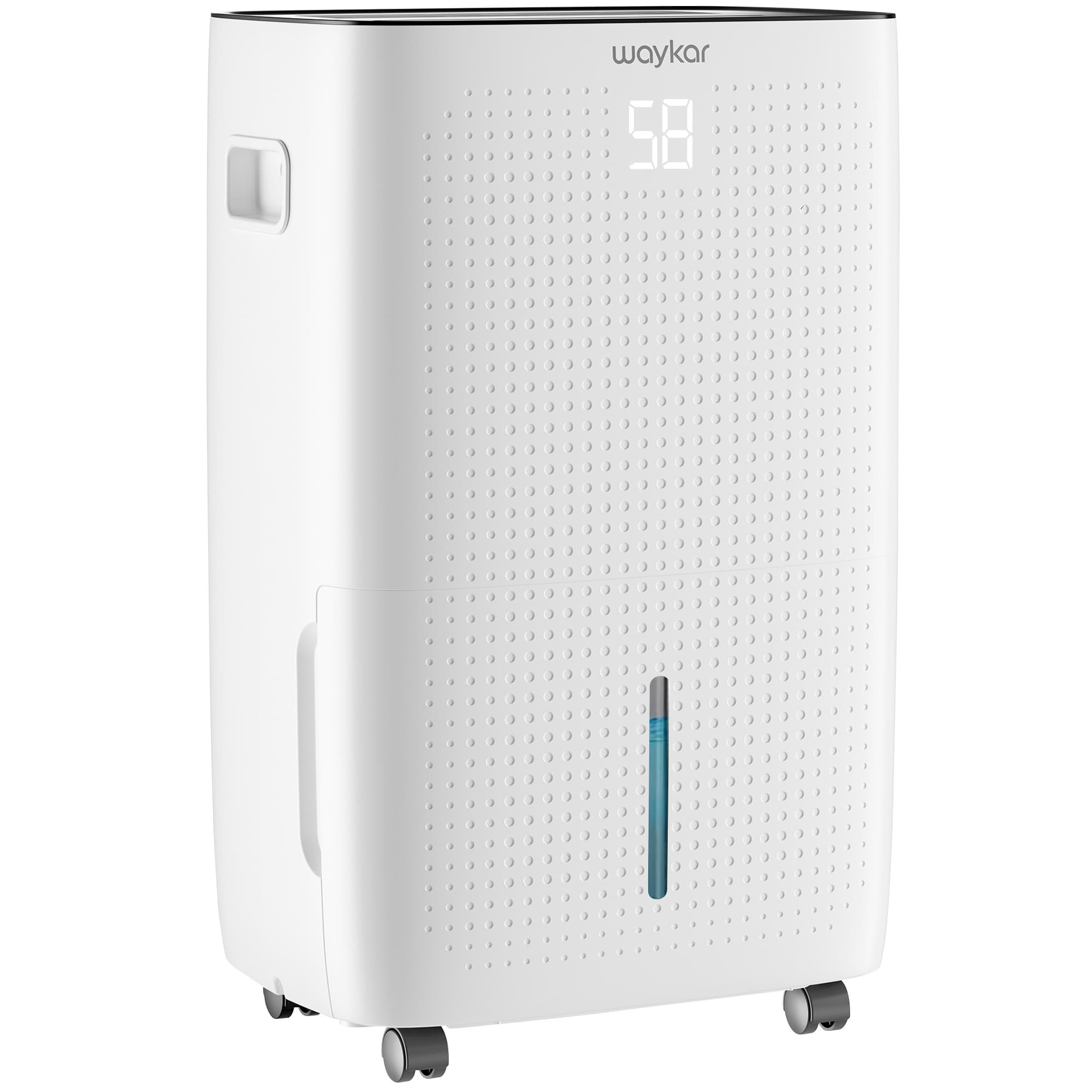 White Waykar JD026CE-150PM portable dehumidifier cabinet with upper display, front water-level window and casters.
