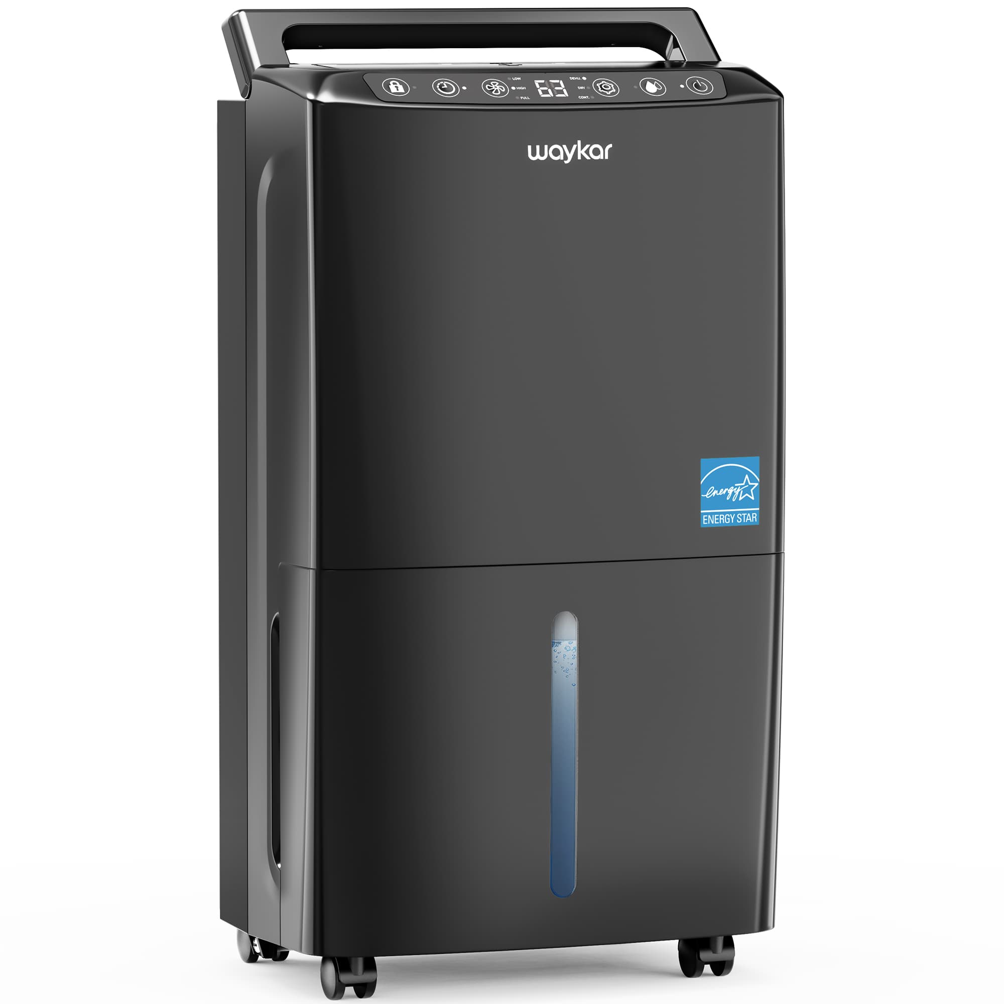 Black Waykar PD160B-PRO-B portable dehumidifier with a top control panel, water-level window and casters.