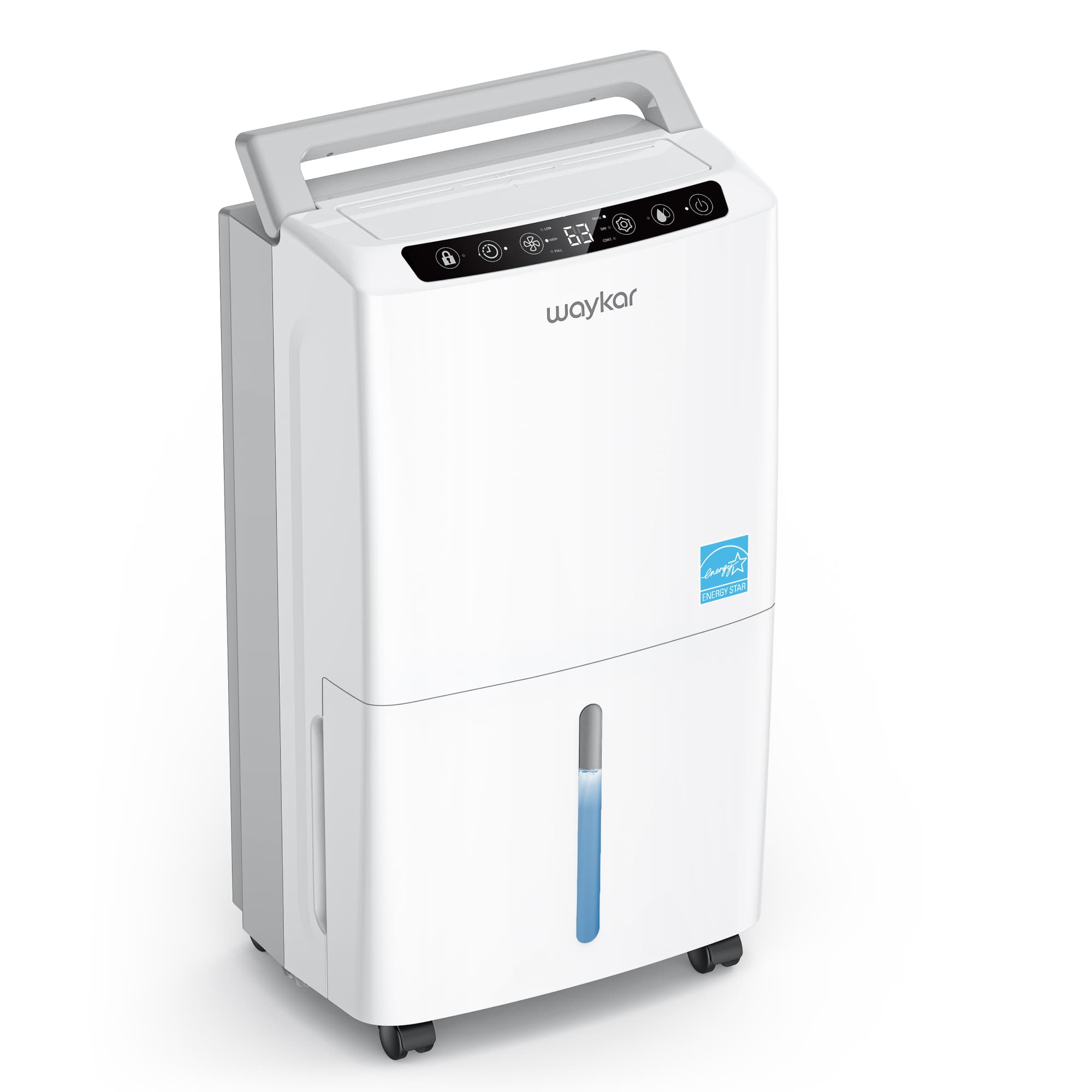 White Waykar PD160B-PRO portable dehumidifier with a top control panel, tank window and casters.