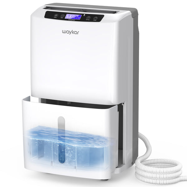 Waykar PD160B portable dehumidifier shown with its fitted water tank and a drain hose.