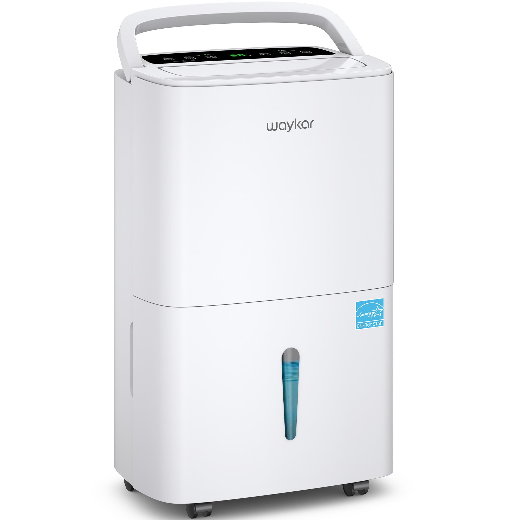 Waykar YDZ-120 white portable dehumidifier exterior view with controls and front water-level window.