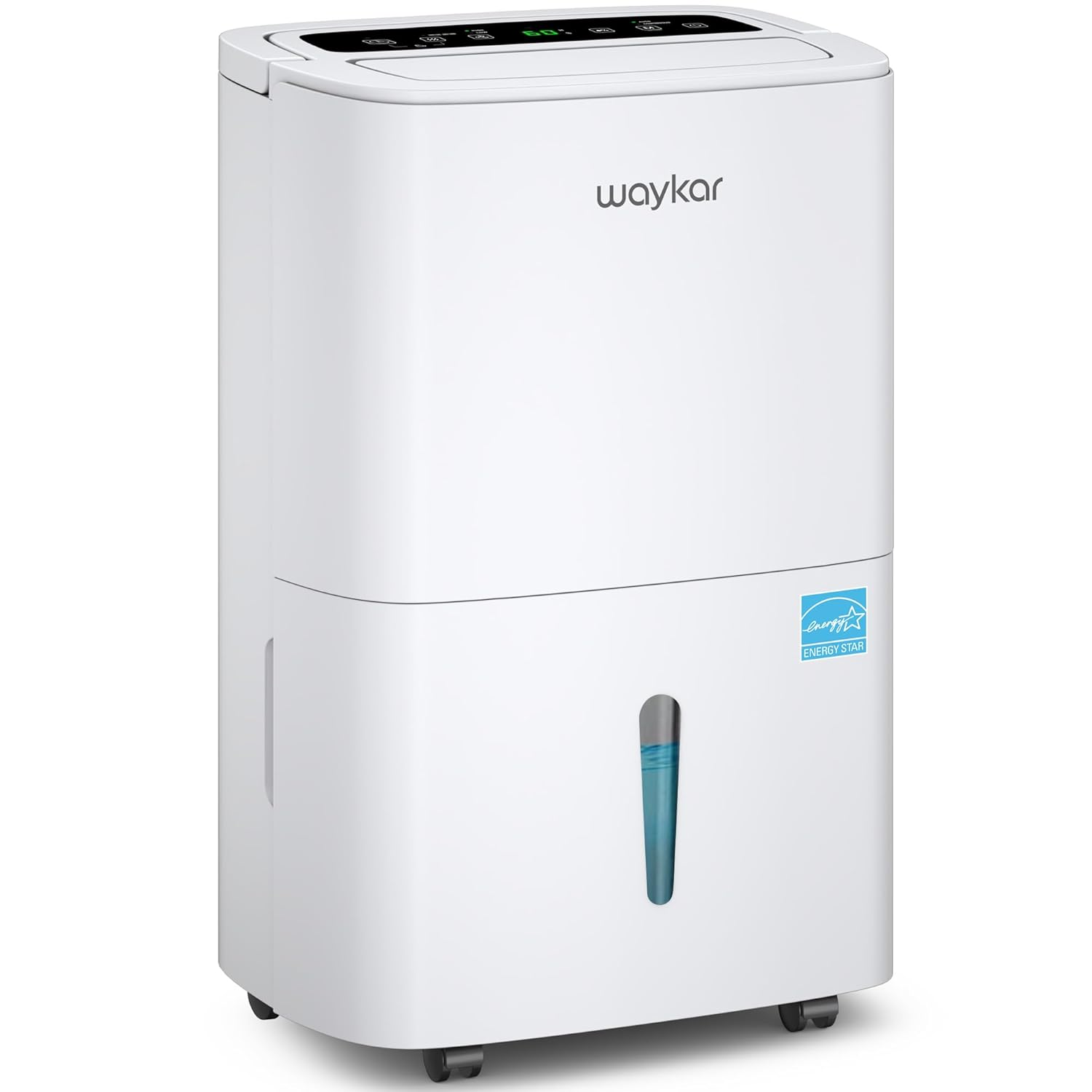 Waykar YDZ-150 white portable dehumidifier exterior view with controls and front water-level window.