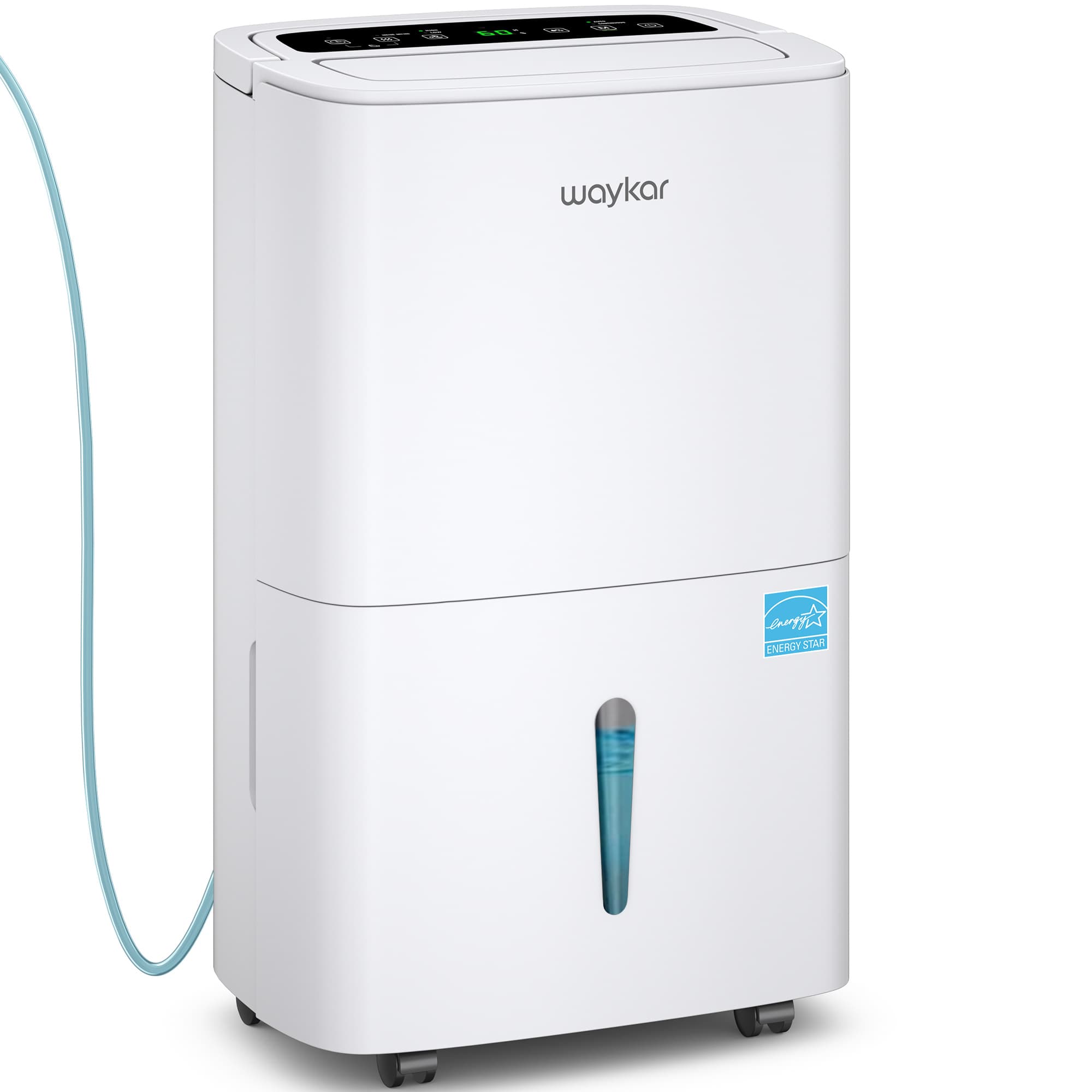 Waykar YDZ-150PM white portable dehumidifier exterior view with control panel, water-level window, casters and hose visible at the left edge.