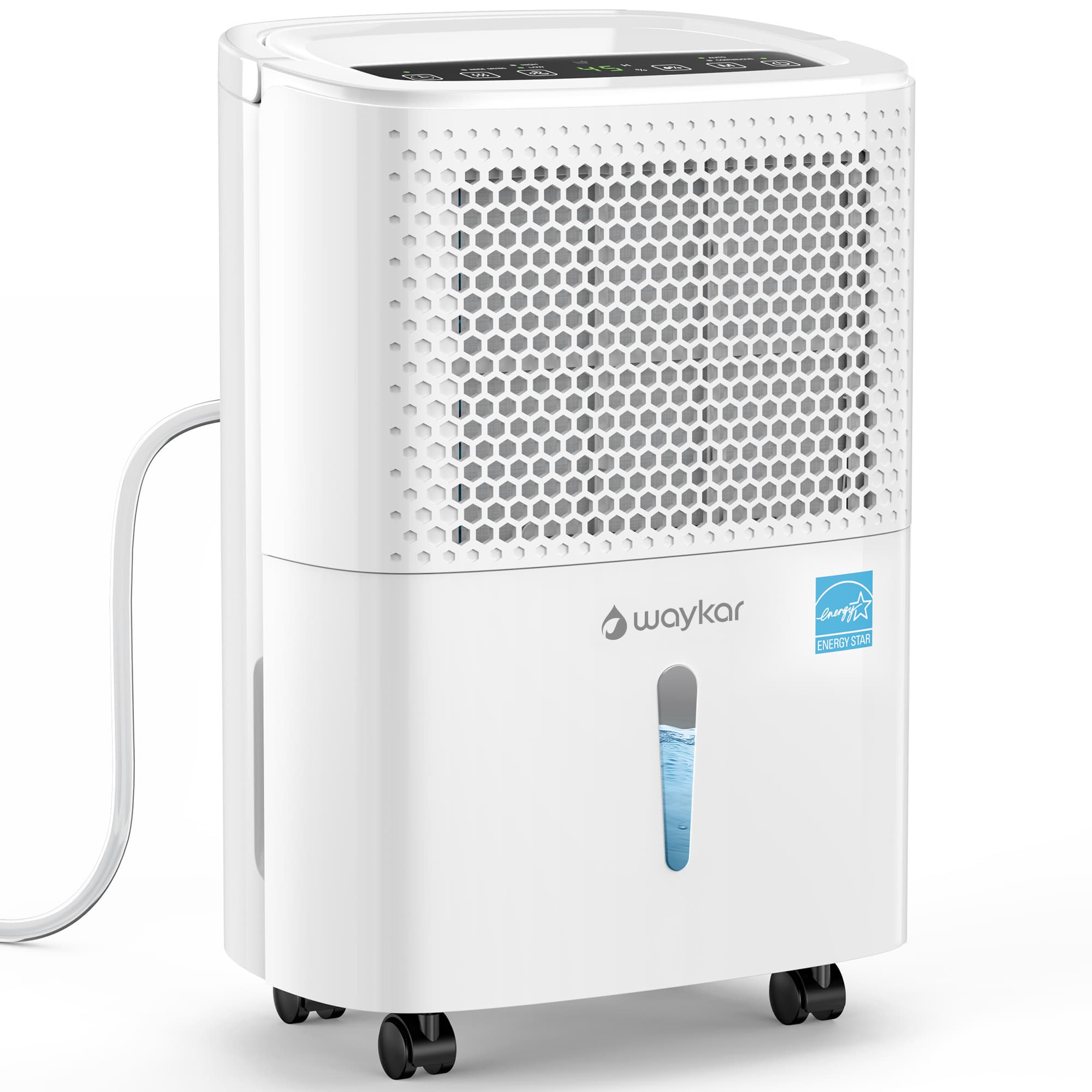 White Waykar YDZ-32A portable dehumidifier with top controls, drain hose and water window.