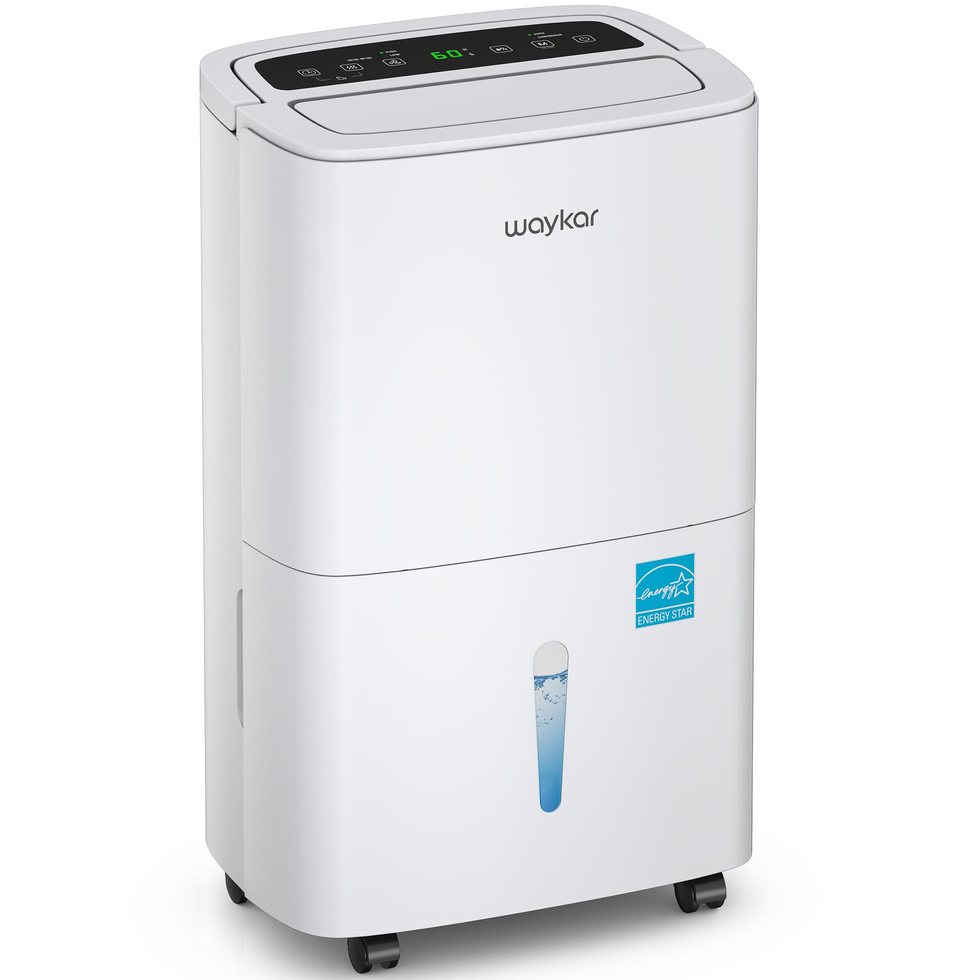 Waykar YDZ-80 white portable dehumidifier exterior view with controls and front water-level window.