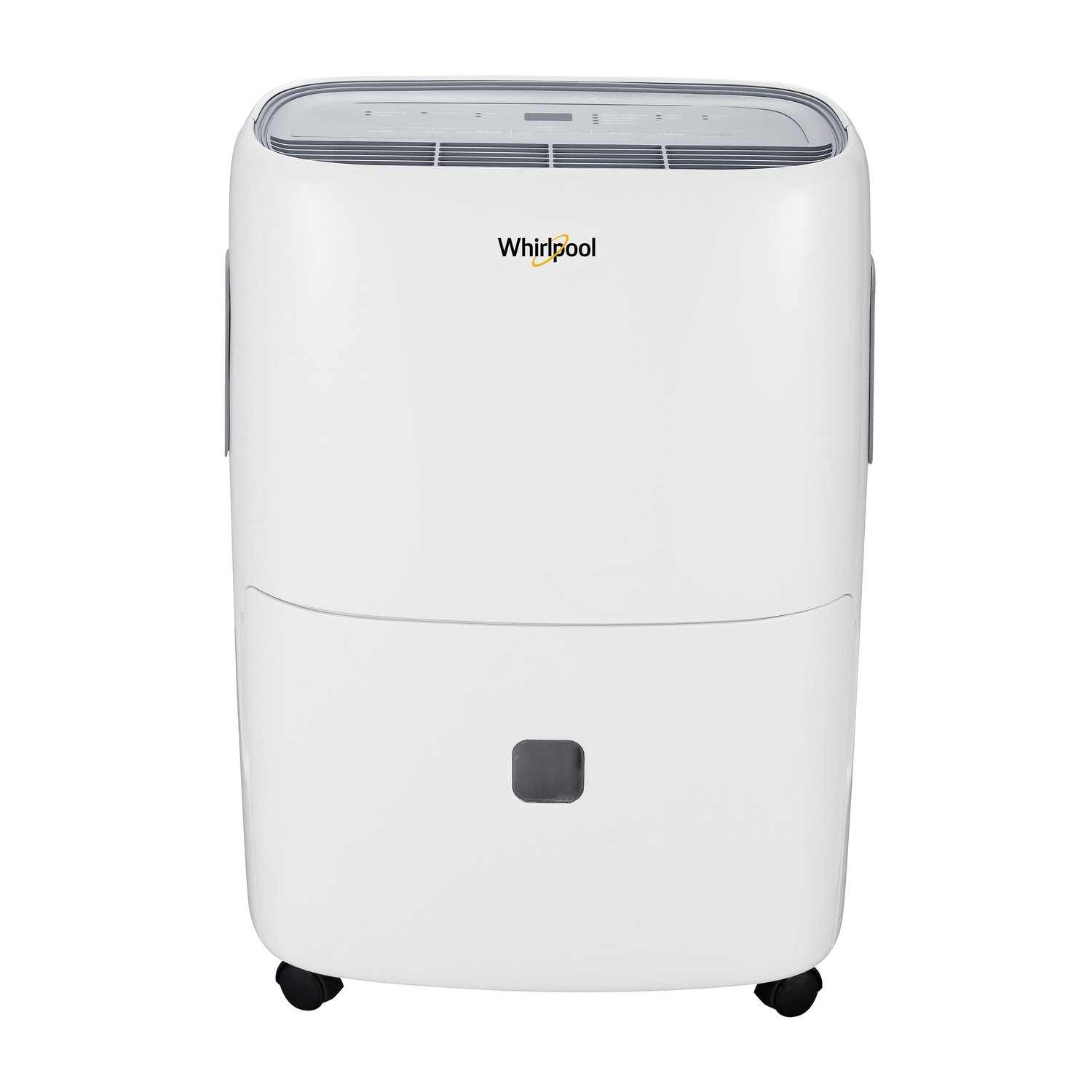 Front view of white Whirlpool WHAD201DW dehumidifier with top controls, dark water-level window and casters.