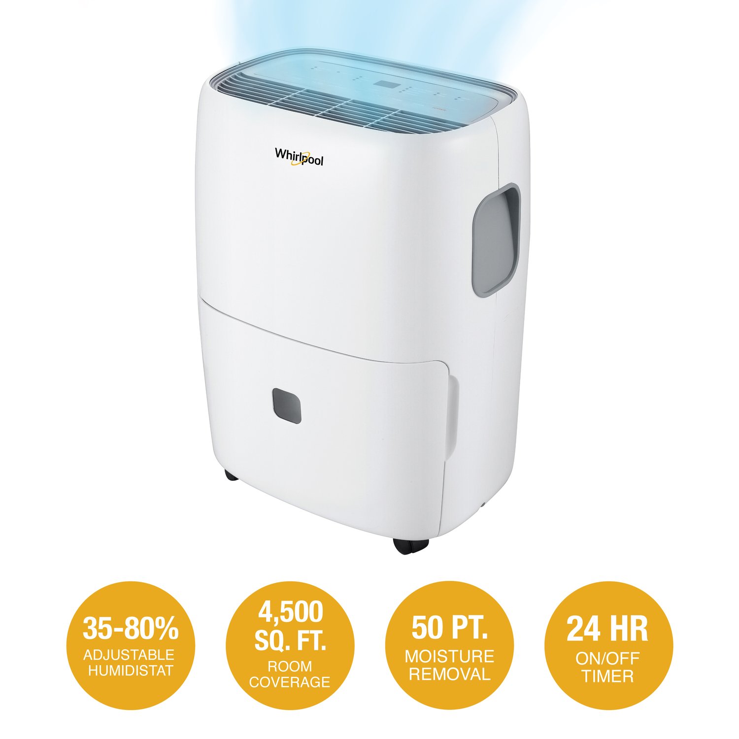 Side-angle white Whirlpool WHAD501DW dehumidifier image with a yellow feature graphic.